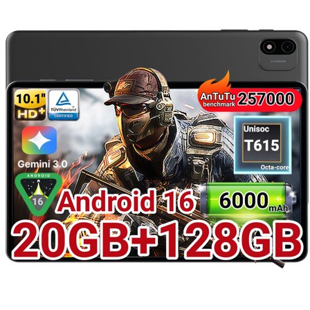 Alphawolf L2S Tablet 2026, 10.1'' Android 16 Tablet with Octa-core T615 Processor, 20GB (8 12) GB RAM 128GB ROM/2 TB Expansion HD IPS Touchscreen, BT 5.0, Dual Camera, Widevine L1