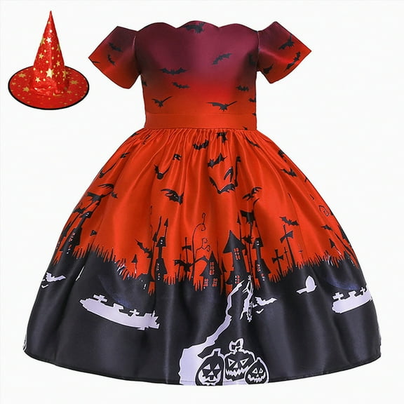 HCNTES Toddler Baby Girls Halloween Dress Pumpkin Bat Print Multi-Layered Mesh Tulle Dress Party Princess Dress(Red,1-2 Years)