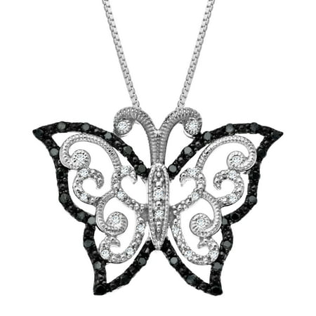 1/4 ct Black & White Diamond Butterfly Pendant Necklace in Sterling Silver