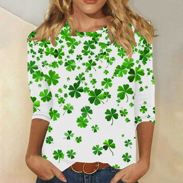 Xuyuer St. Patrick's Day Womens Fashion 3/4 Sleeve Round Neck Casual Cute T Shirts Shamrock Printed Graphic Tunic Blouses Tee Casua Basic Business Work Tops