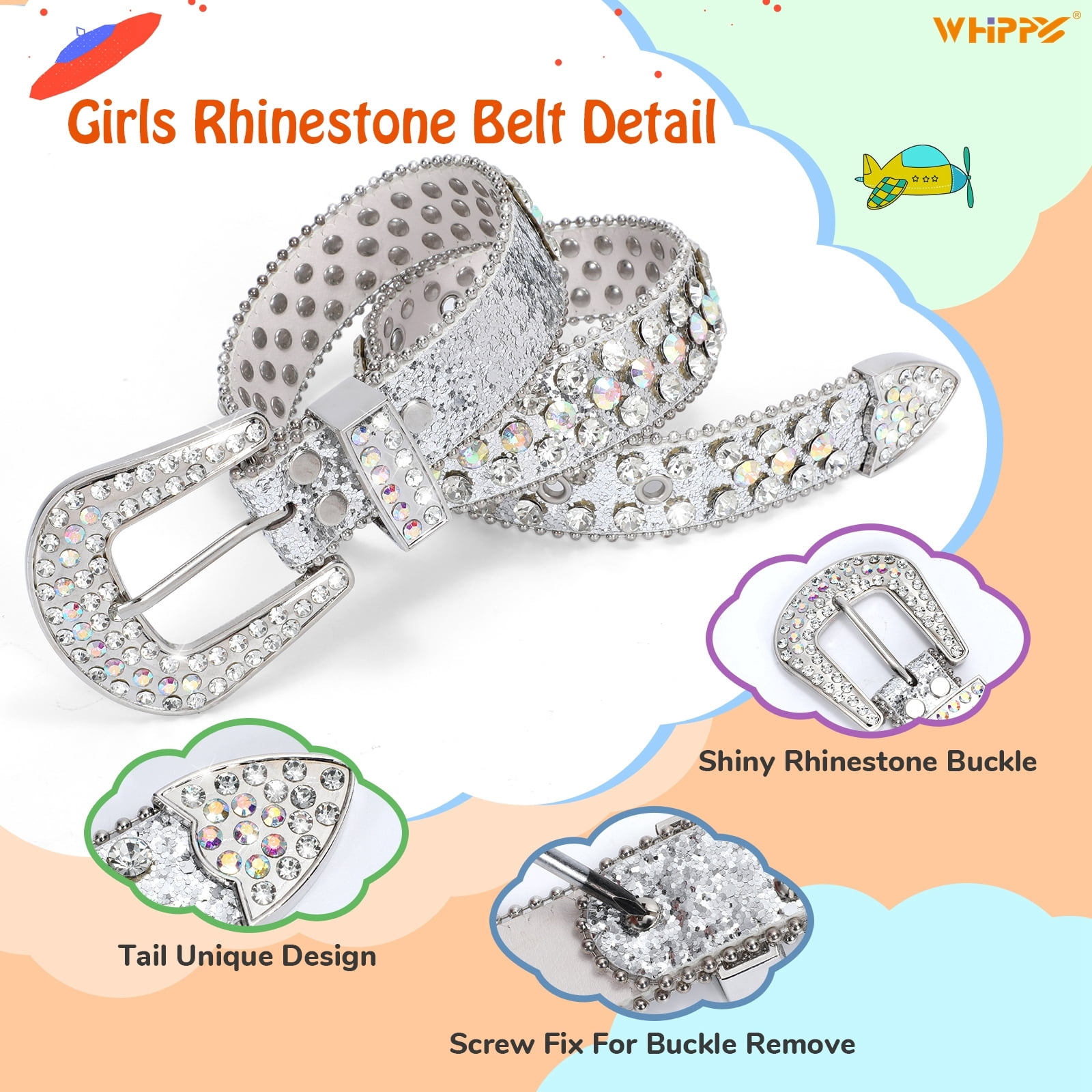 WHIPPY Kids Rhinestone Western Belt for Girls Boys, Studded