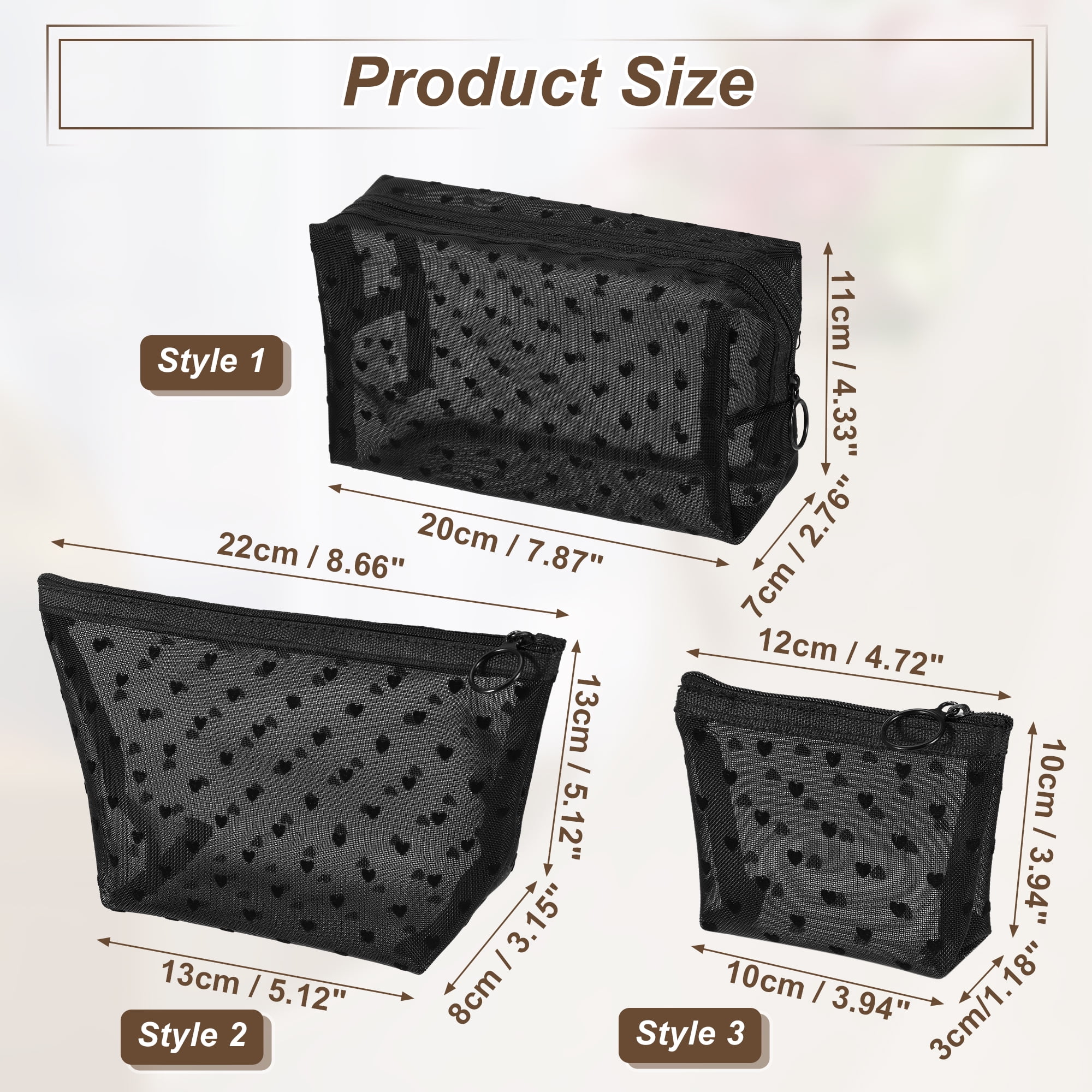 Unique Bargains 3pcs Heart Shape Print Mesh Makeup Bag Clear Makeup Pouch w Zipper Black