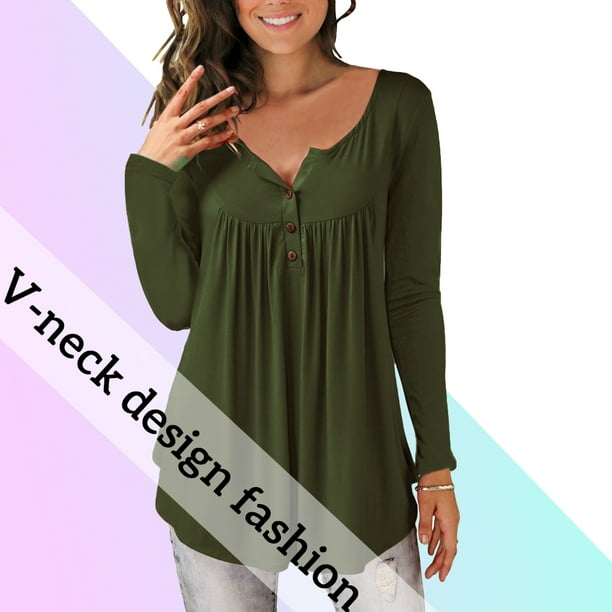 Camisa de mujer Botón plisado Blusa suelta Camiseta de manga larga