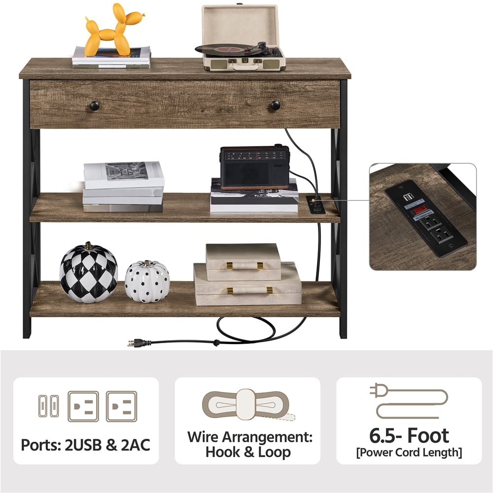 Alden Design Vintage Wooden Console Table with Power Outlet for Entryway, Taupe Wood