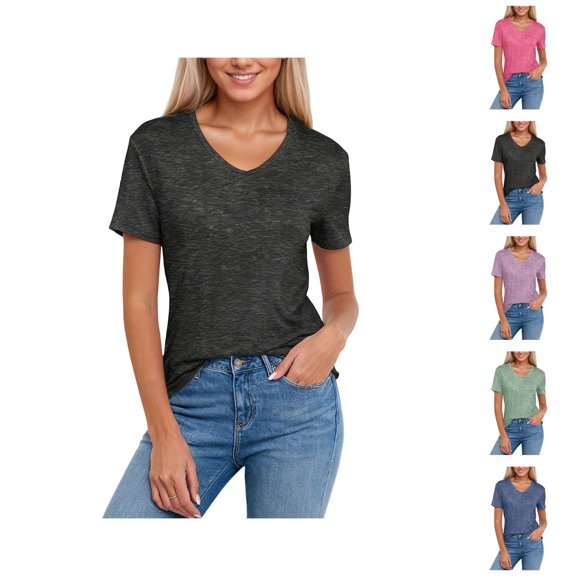T Shirts for Women Summer Short Sleeve V Neck Casual Loose Plain Tshirts Lightweight Solid Basic Tees