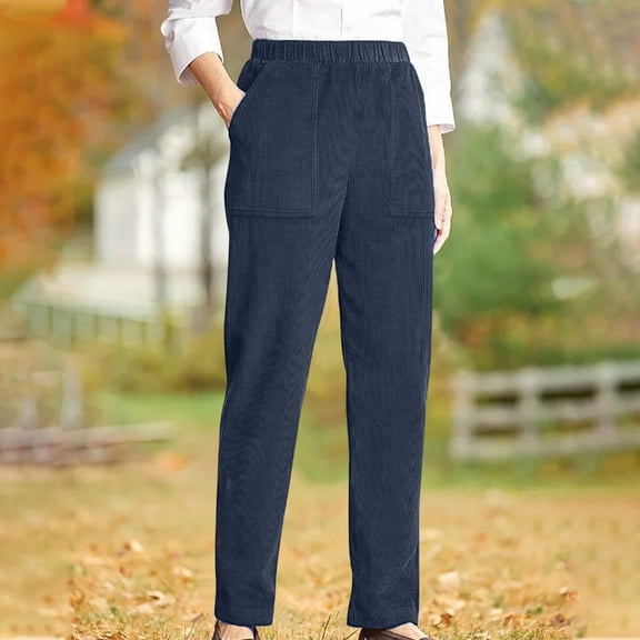 Zorckvet Womens Corduroy Pants Casual Elastic Waist Straight Leg Pants Vintage Comfy Velvet Trousers with Pockets