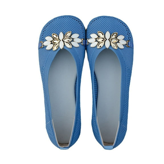 KIJBLAE Women's Mesh Rhinestone Ballet Flats Breathable Slip-On Pointed Toe Flat Shoes Loafers Comfort Walking Shoes Ladies Shoes Light Blue 42