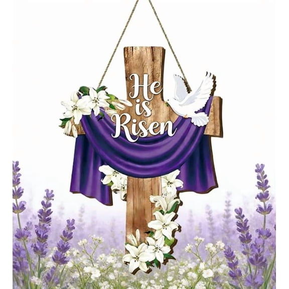 He is Risen Sign Wreath for Front Door Decor Religious Cross Easter Wooden Door Hanger Decorations He is Risen Farmhouse Dove Lily Flowers Wall Hanging Sign Easter Wreaths for House Front Porch