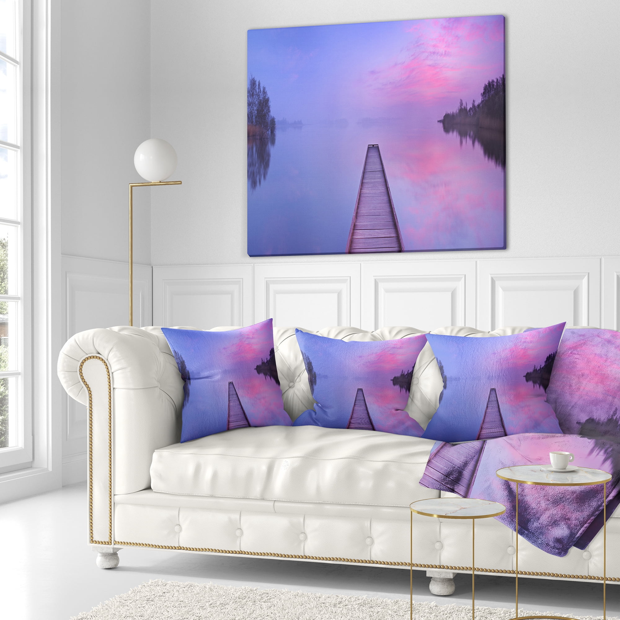 Designart Jetty in a Dawn Lake - Wooden Sea Bridge Throw Pillow - 18x18