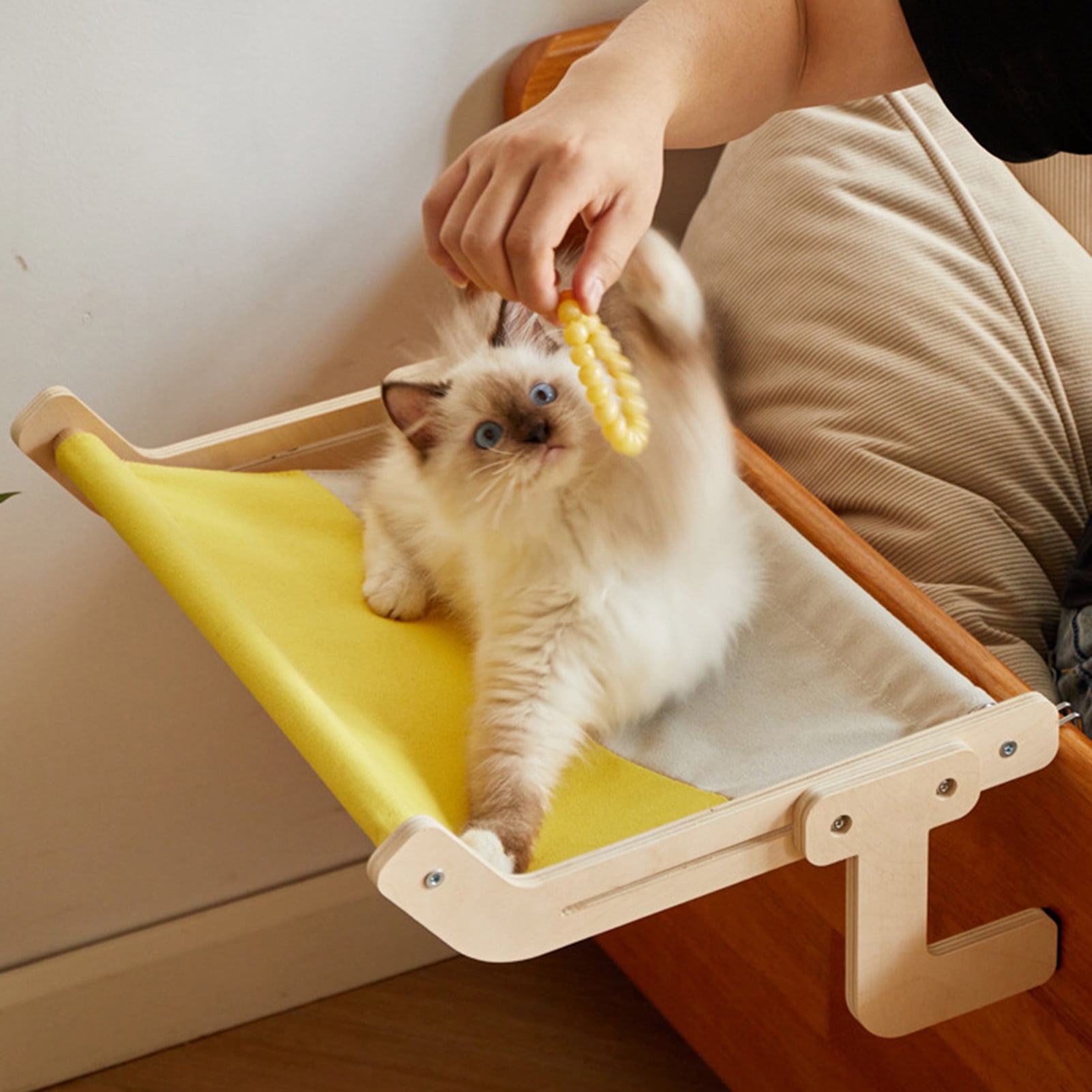 YIFAEUX Bedside Cat Hammock Adjustable Cat Bed Window Perch with Wood Frame No Drilling Installation Pet Hammock for Window Sill Indoor Cats