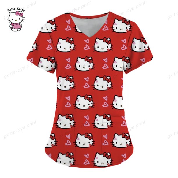 Ropa de mujer, camiseta de verano, camisetas de Hello Kitty, camiseta con cuello en V, camisetas con bolsillos, uniforme de enfermera, camisetas de Hospital, camisetas para mujer 2023