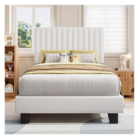 Twin Size Bed Frame, Upholstered Platform Bed with Headboard, Wide Bed Legs and Strong Wood Slats Support, No Box Spring Needed, Easy Assembly, White