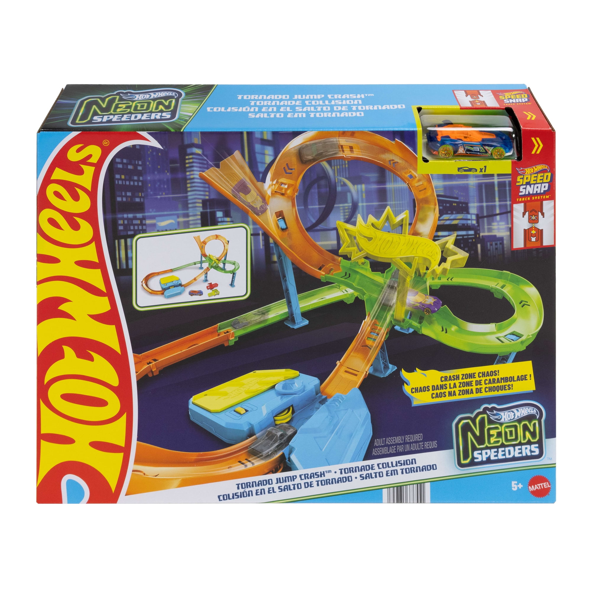 Hot Wheels Stunt Tracks Neon Speeders Tornado Jump Crash Track Set with Motorized Booster & Toy Car