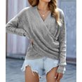 thumbnail image 3 of Women's Gray Deep V-neck Long Sleeve Knit Sweater, 3 of 8