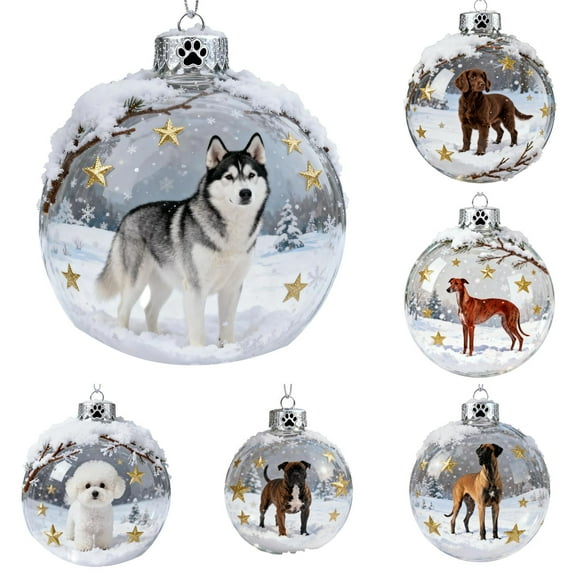 2.76 Inch Christmas Dog Snow Globe Ornaments 2D Dog Lover Christmas Tree Decorations Christmas Balls Ornament for Xmas Tree Hanging Holiday Light Decorating