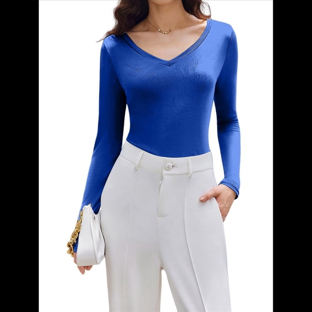 Camiseta Básica Ajustada de Punto Acanalado con Cuello en V y Larga para Mujer Azul S