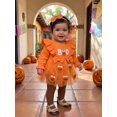 thumbnail image 5 of 2 Pcs Infant Girl Halloween Outfit Ruffle Long Sleeve Neck Pumpkin/Ghost Embroidery Romper Dress and Headband Set, 5 of 10