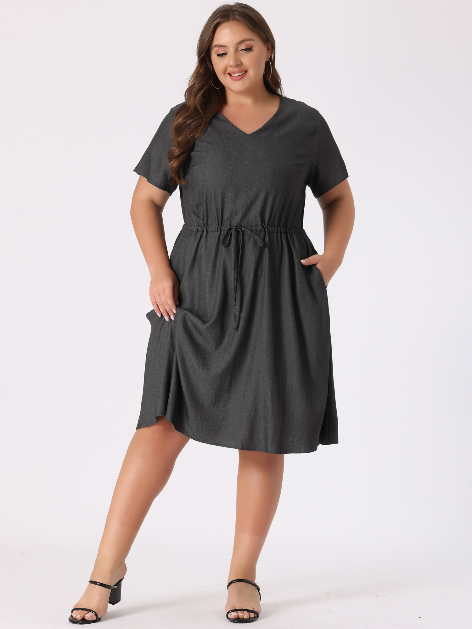 Unique Bargains Women's Plus V Neck Short Sleeve A-Line Denim Dresses 3X Grey Black