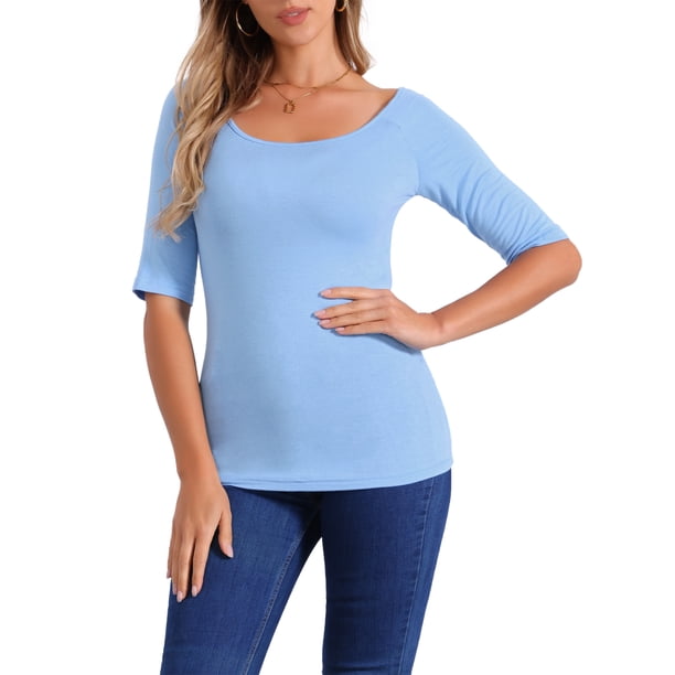 INSPIRE CHIC Camisetas de Cuello Barco para Mujeres de Manga Corta Ajustadas Suaves T-Shirt L Azul Claro