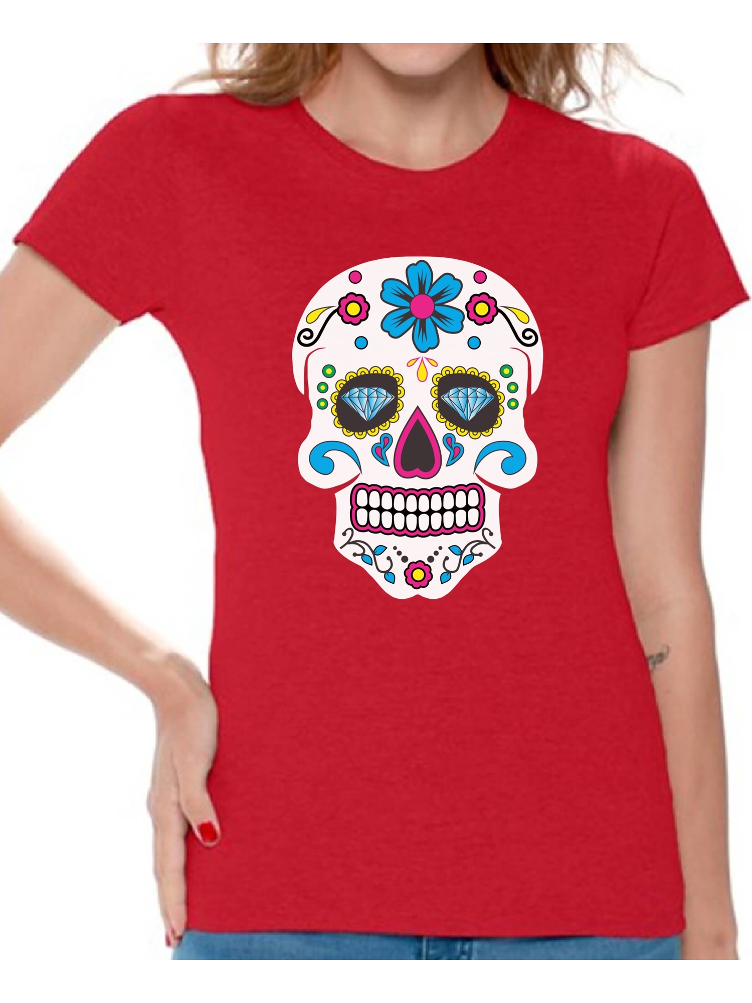 Awkward Styles Women's Colorful Skull Graphic T-shirt Tops Candy Skull Dia De Los Muertos - image 1 of 4