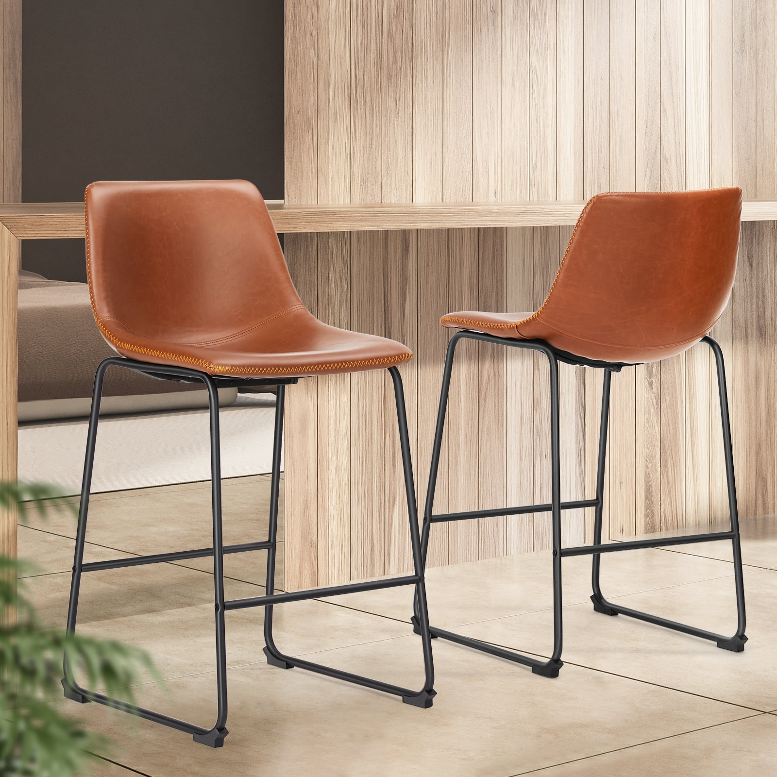 EDX Counter Height Bar Stools Set of 2 With Back and Footrest, Metal Frame, 26 inch, Brown