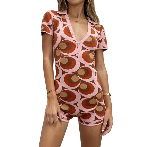 Txlixc, mono de una pieza para mujer, mono de punto a rayas colorido con gráfico, mono ajustado con cuello en V, manga corta, abotonada, verano Txlixc Estilo de ocio