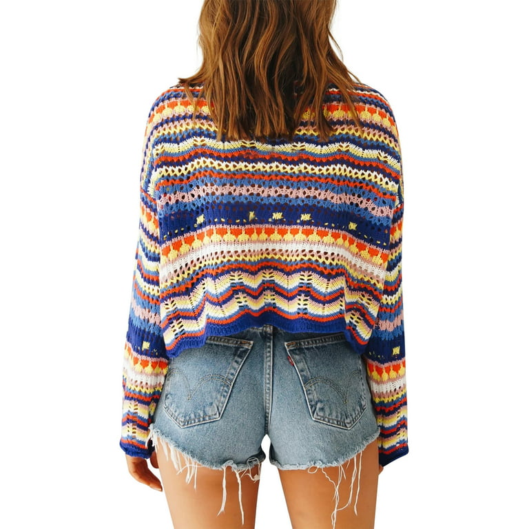 Women Colorful Knit Pullover Crochet Knitted Y2K Long Flared