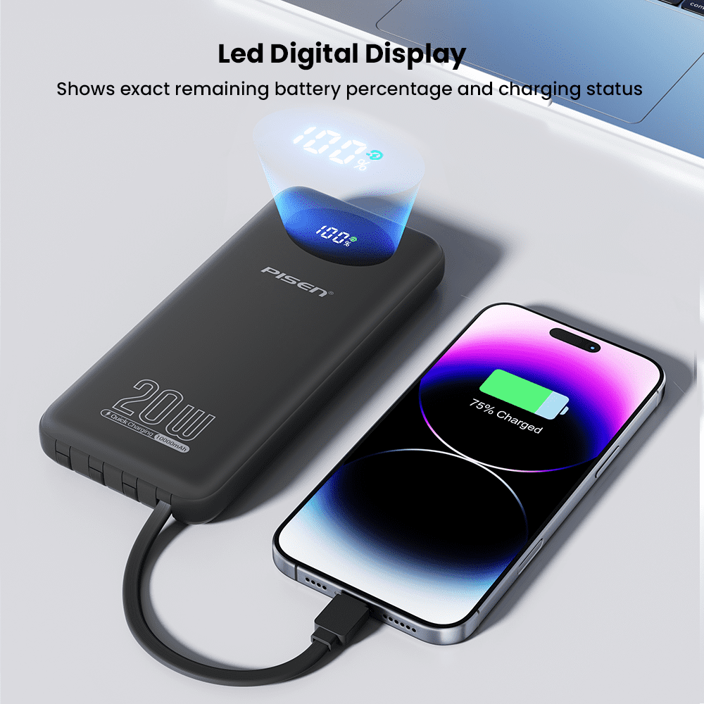 PISEN 3C Certified Power Bank ,10000mAh 20W Fast Charging Battery Pack, Travel Battery Pack Portable Charger with LED Display, Portable Charger with Built in Cable for iPhone, Samsung and More