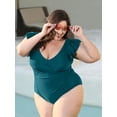 thumbnail image 3 of TIYOMI Ladies Plus Size 4X One Piece Swimsuit Peacock Blue Swimwear Ruffled Deep V Neck Suits Tummy Control Bathing Suit 4XL 24W 26W, 3 of 5