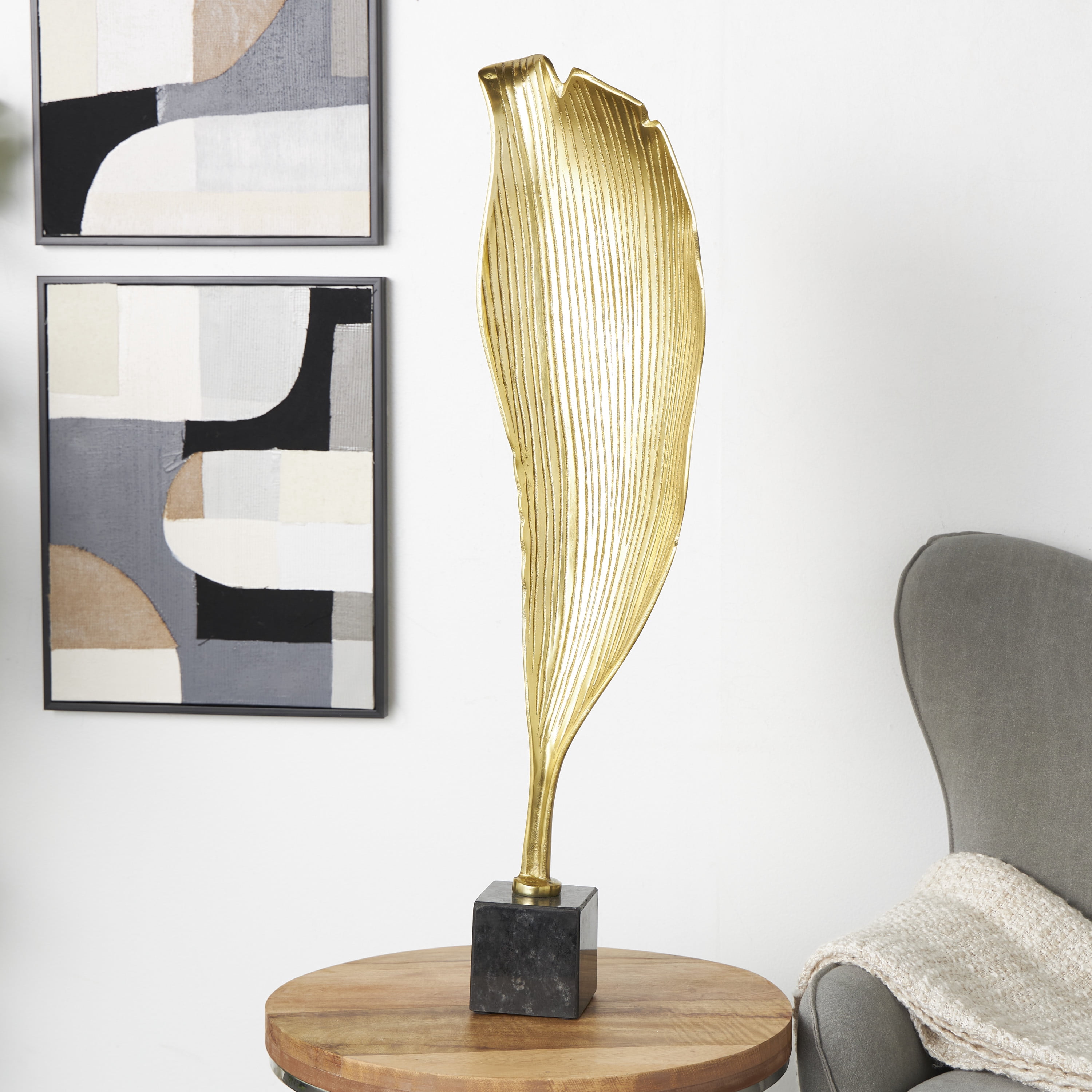 11" x 36" Gold Aluminum Textured Leaf Abstract Sculpture with Black Marble Base, by DecMode