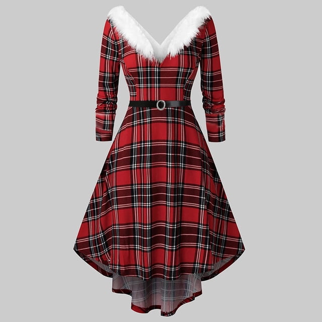 Jienlioq Robe pour Femmes en Liquidation, Robe Grande Taille à Carreaux Manches Longues, Col en V, Dos Nu