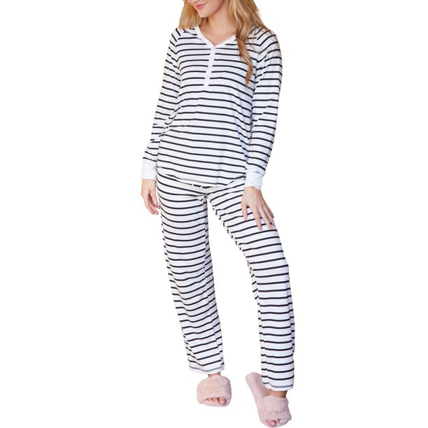 Doublju Women's Long Sleeve Henley Pajama Sleepwear 2 Pcs Set