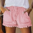 thumbnail image 5 of Womens Roll Up Stretchy Denim Shorts Elastic Waist Drawstring Comfy Short Pants Pink M, 5 of 6
