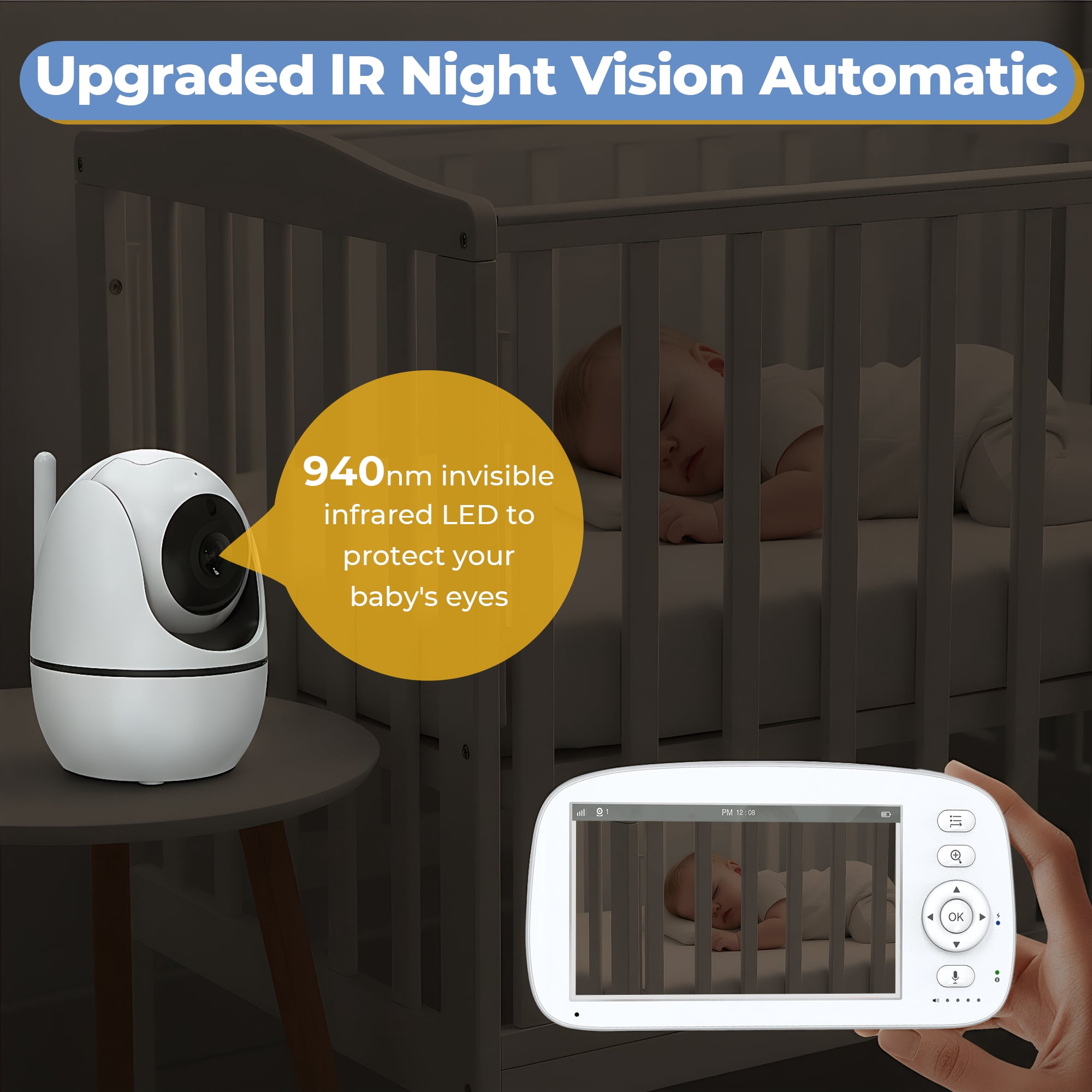 Baby Monitor, HDJ 5" Video Baby Monitor with Camera, No WiFi, 1000 ft Long Range, Night Vision, Two-Way Audio, VOX Mode, Temperature Monitoring