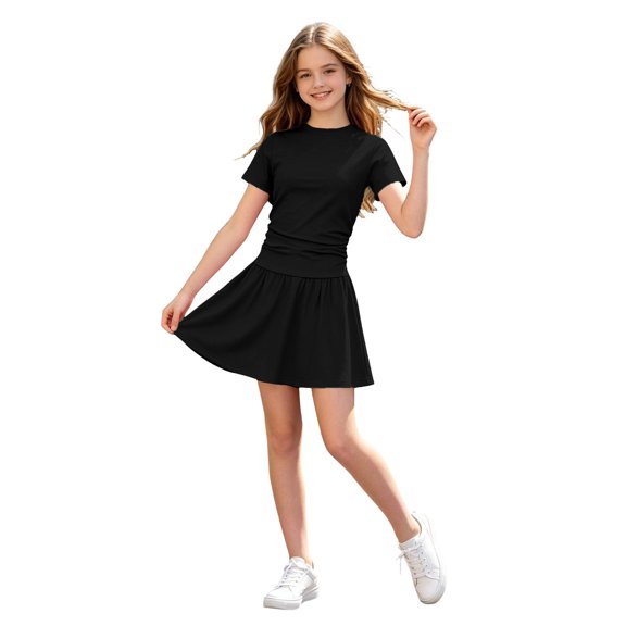 Bobifish Toddler Girls Outfit Sets Short Sleeve Round Neck Tee Shirt A Line Pleated Dress Casual Summer Children Girls Sets