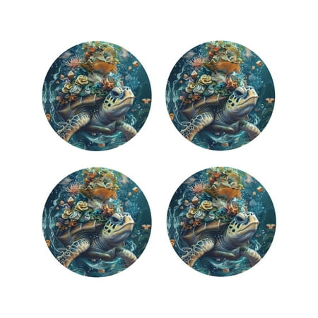 

Drink Coasters Set of 4 Colorful Plant Turtle Leather Coasters for Coffee Table Protector Heat Resistant Cute Coasters for Home Decor Housewarming Gifts Bar Kitchen 4 Inch Round Shape