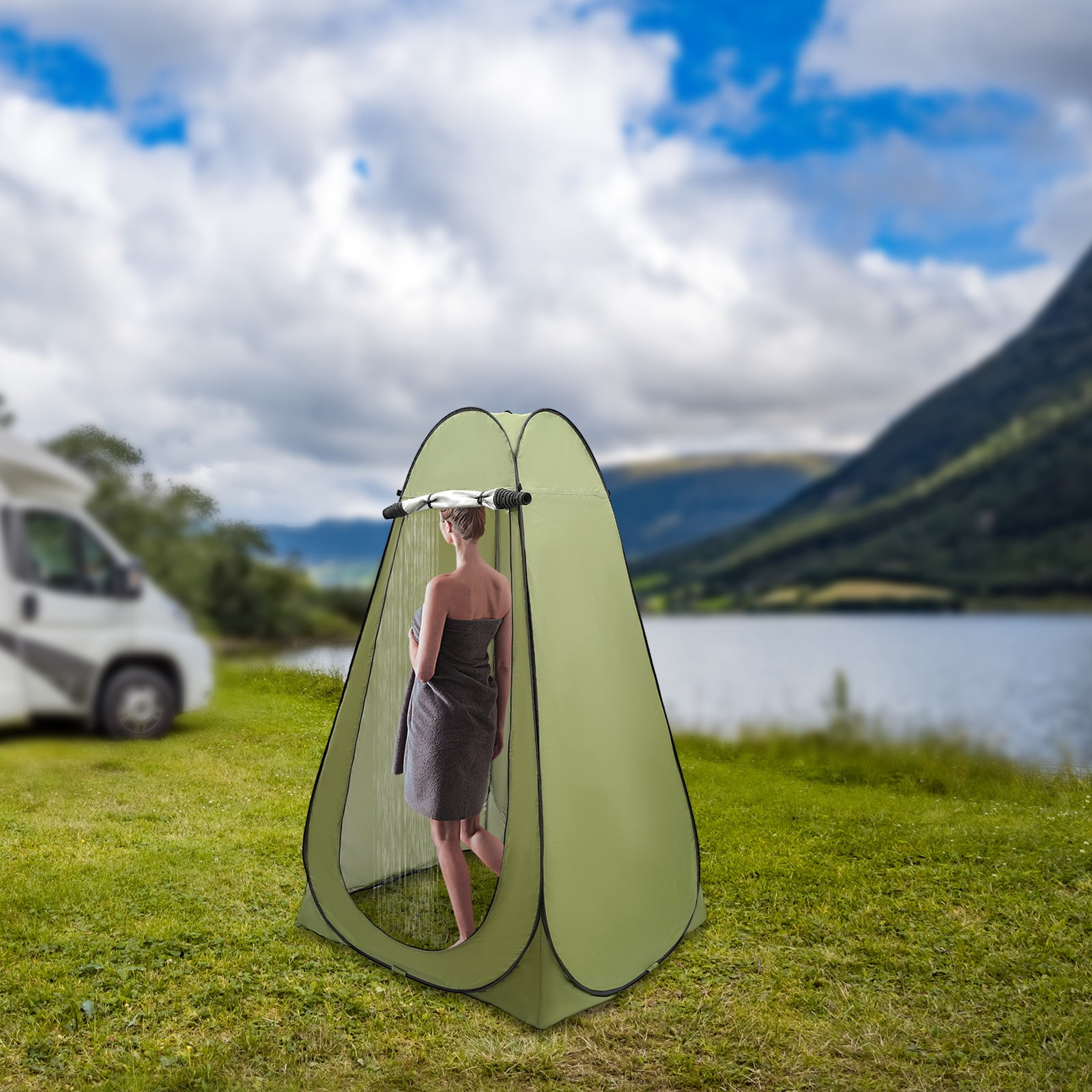 Instant Pop-Up Toilet Tent, 3.94x3.94x6.23ft Green Polyester, UV-Resistant Silver Layer, Dual Zipper Door & Mesh Window, Great for Outdoor Games/Model Changing