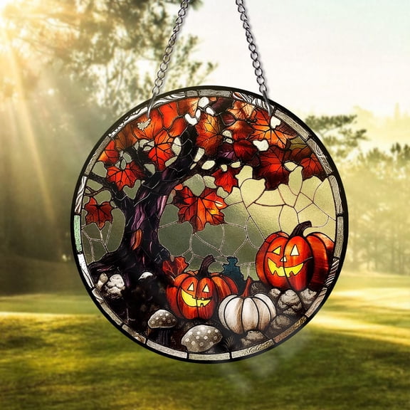 Halloween Stained Glass Suncatcher – Jack-o'-lantern Autumn Window Hanging, Pumpkin Fall Decor, Halloween Spooky Tree Glass Art Panel