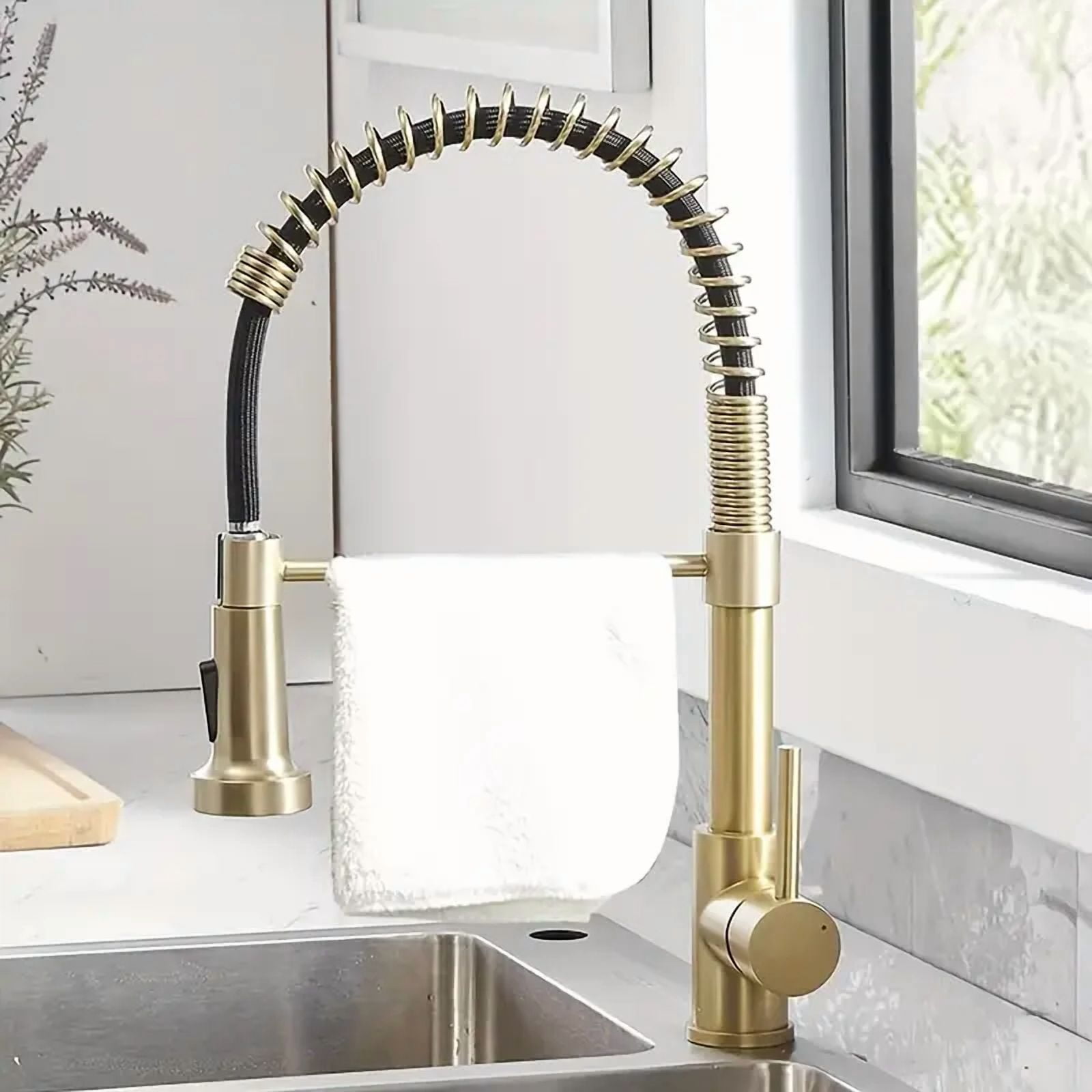 Brushed Gold Kitchen Faucet with Pull Down Sprayer Single Handle Spring Faucet