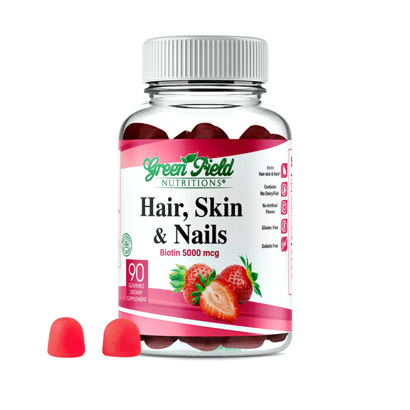 Greenfield Nutritions - Halal Gummies Hair, Skin and Nails Vitamins (5000 mcg Halal Biotin) , 90 Gummies