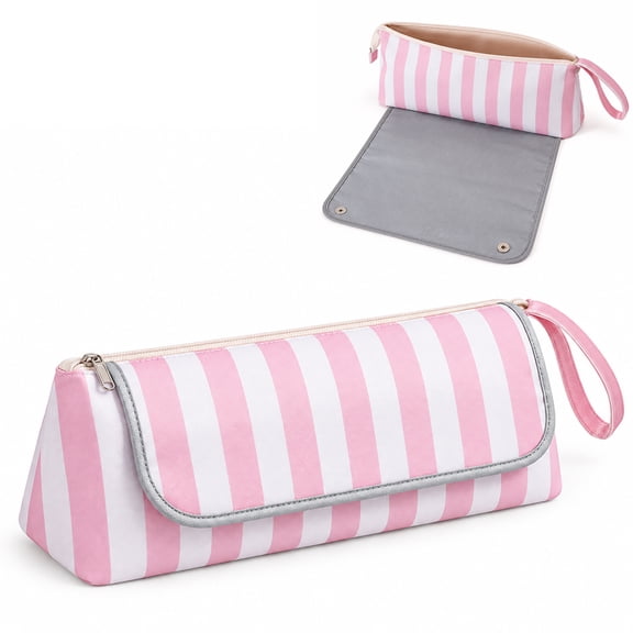 KYJiuLiu 2-in-1 Hair Tool Travel Bag with Heat-Resistant Mat, 16.9-Inch Organizer for Curling Irons and Flat Irons, Wide Opening and Wrist Strap, Pink and White Stripe
