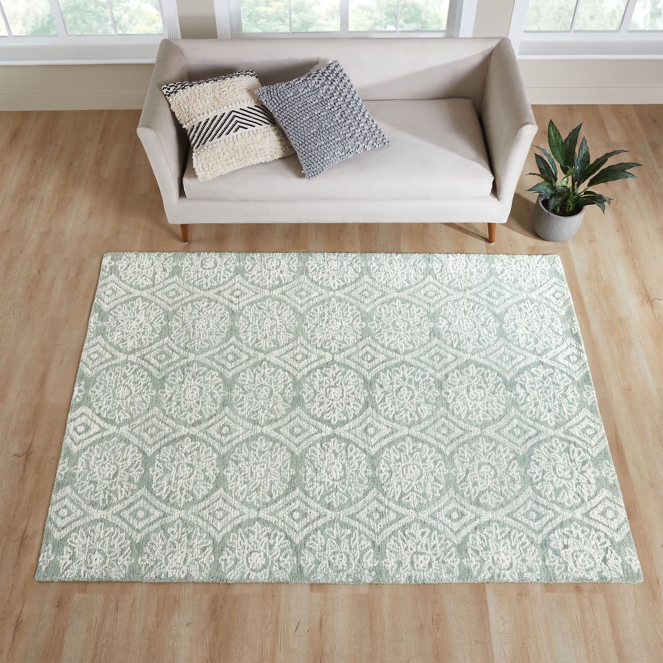 Better Homes & Gardens Suzani Muted Green Medallion Wool Indoor Area Rug, 5 ft x 7 ft