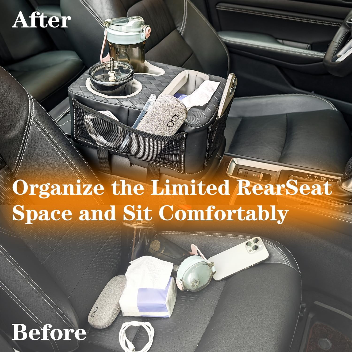 Auto Center Console Cup Holder Organizer, Universal PU Leather Armrest Storage Box with Tissue Holder & Side Pockets, Multi-use for Car Front/Back Seat, Truck, RV, Boat