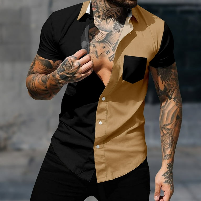 JWZUY Mens Short Sleeve Comfy Color Block Shirts Button Down Classic Tshirt  Lapel V Neck Tops Yellow XXL