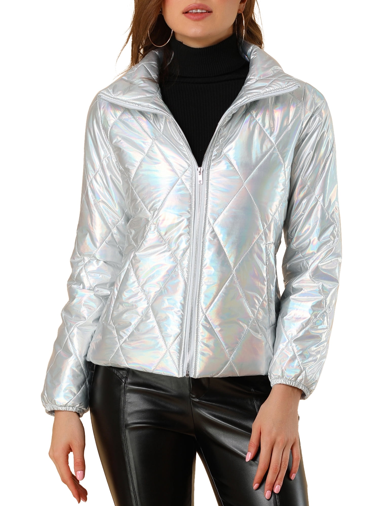 Unique Bargains Women's Holographic Shiny Zipper Quilting Down Puffer Jacket L Silver