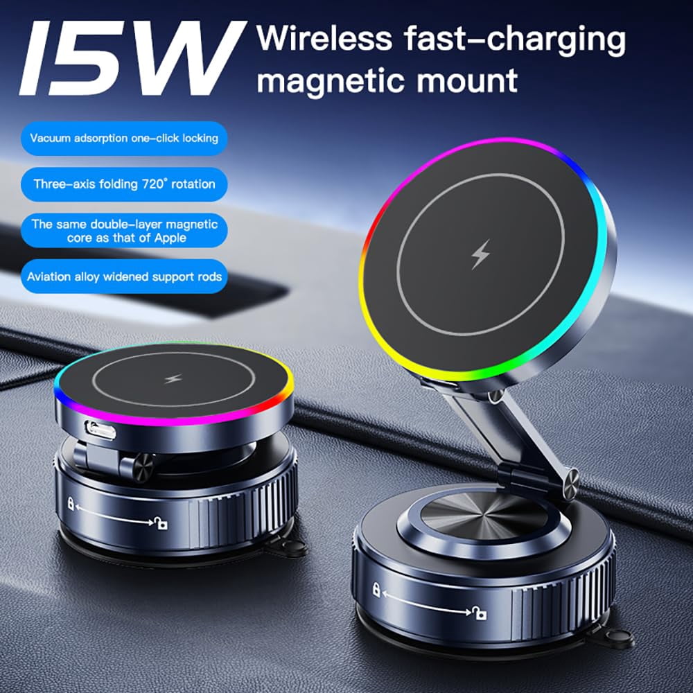 For MagSafe Car Mount Charger[15W Wireless Fast Charging], Car Vacuum Magnetic Phone Holder[120LBS Ultra Suction Cup & 3000gf Magnet ], Adjustable Suction Phone Mount for Your Car for iPhone 17-12