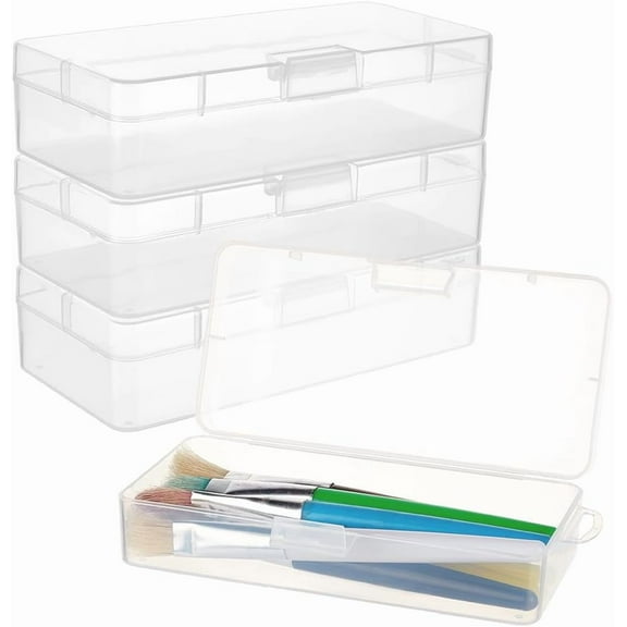 4pcs Rectangle Plastic Container Box 7.28x3.54x1.81 Inch Clear Storage Organizer with Hinged Lid and Hanging Hole for Small Craft Accessories Office Supplies