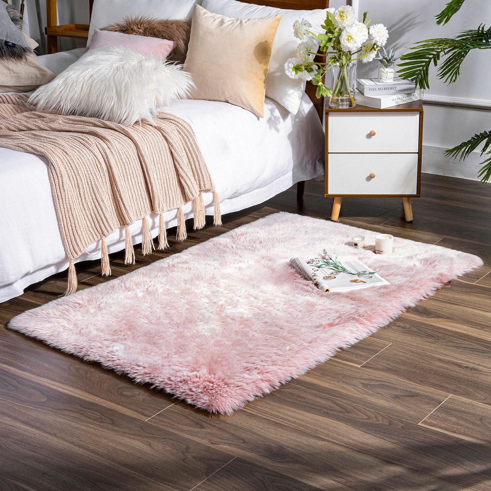 Phantoscope Ultra Soft Faux Fox Fur Pink, Indoor Area Rug, 3 x 5 ft, Rectangle