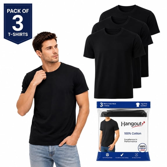 Hangout Men's Plain Black Crew Neck T-Shirts 3 Pack 100% Cotton Short Sleeve Basic Casual Everyday Tees Solid Black Size Medium