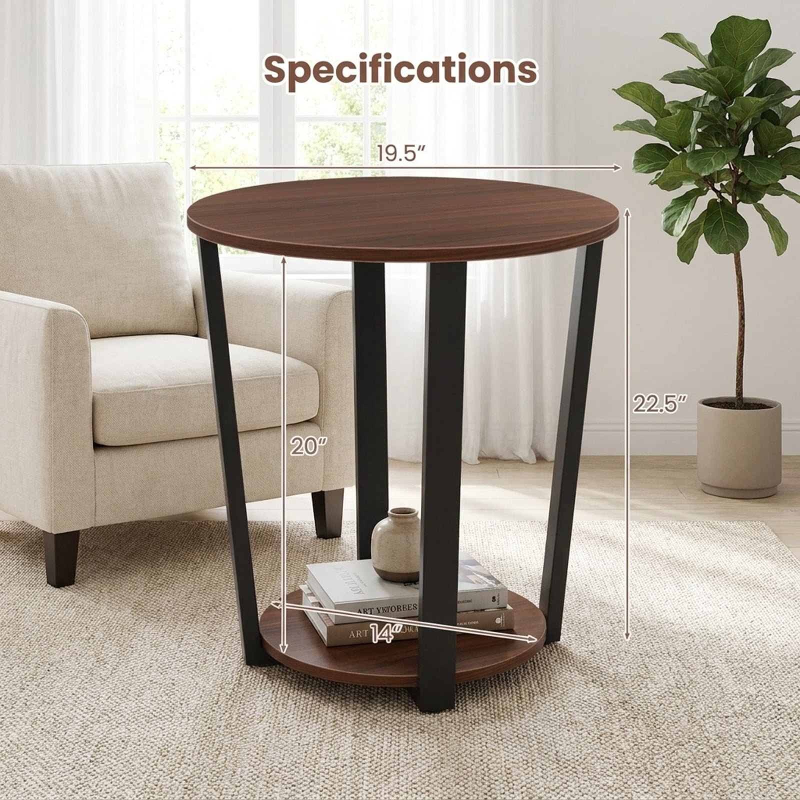 Furnibear Round End Table with Open Bottom Shelf and Reinforced Metal X Frame for Living Room Bedroom and Small Space Storage, Walnut